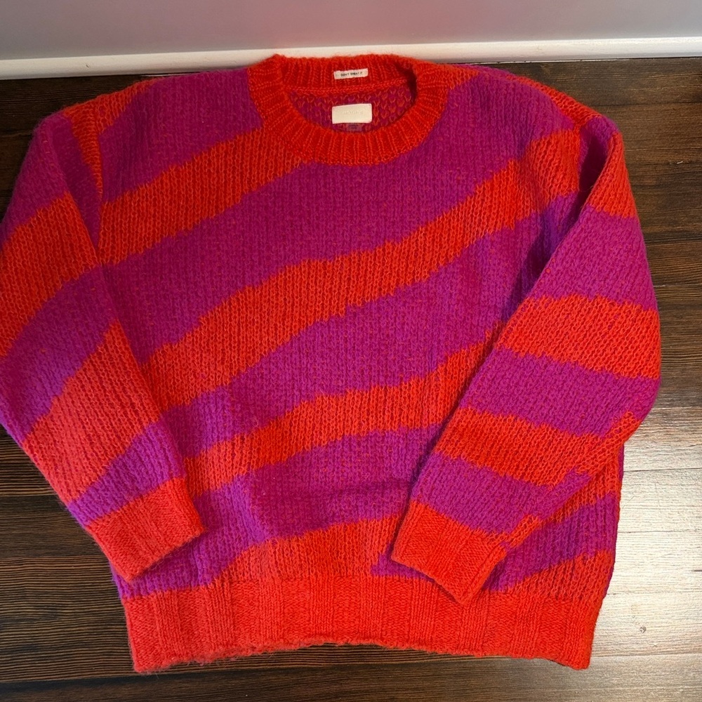 MOTHER Red and Purple Striped Crewneck Sweater